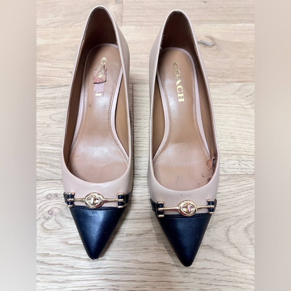 Coach Two-Tone Pointed Toe Leather Pumps in Nude and Black with Gold Hardware